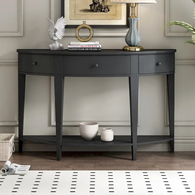 Moderner geschwungener Konsolentisch, Sofatisch,3 Schubladen,1 Regal,Schwarz